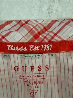 Guess Red & White Striped Logo Button-Up Shirt